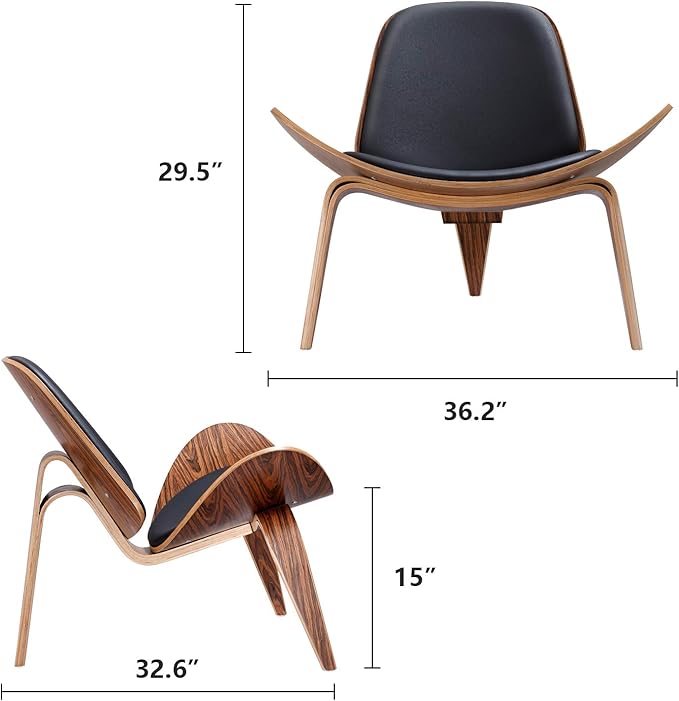 Mid Century Modern Shell Lounge Chair PU Leather Tripod Plywood Classic Design Solid Wood Accent Chairs for Living Room Reading Lounge Office Salon
