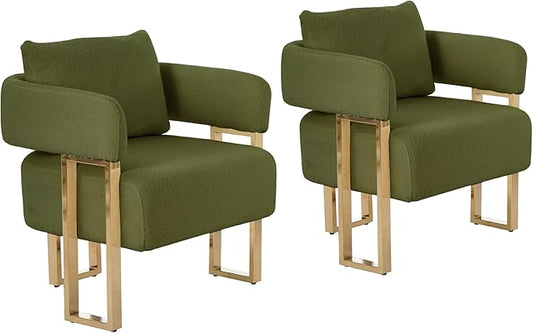 YISHENG Modern Barrel Accent Chairs Set of 2 Living Room Side Chairs with Golden Metal Legs Soft Teddy Upholstered Reading Armchairs no Wheels for Vanity/Reception Room//Bedroom/Lounge/Office Green
