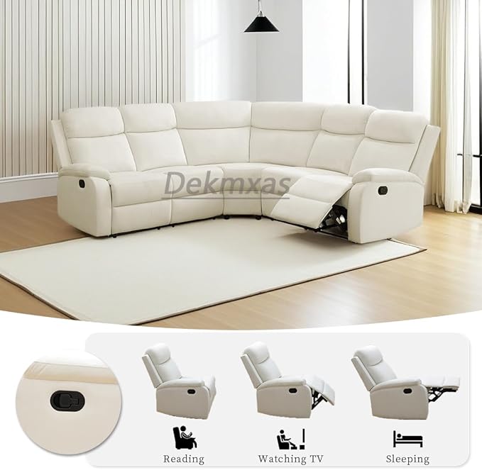 Living Room Furniture Set L-Shaped Sectional Sofa Fluff Fabric Recliner Adjustable Manual Sofa Set for Living Room OfficeApartmentRv Car（Off-White）
