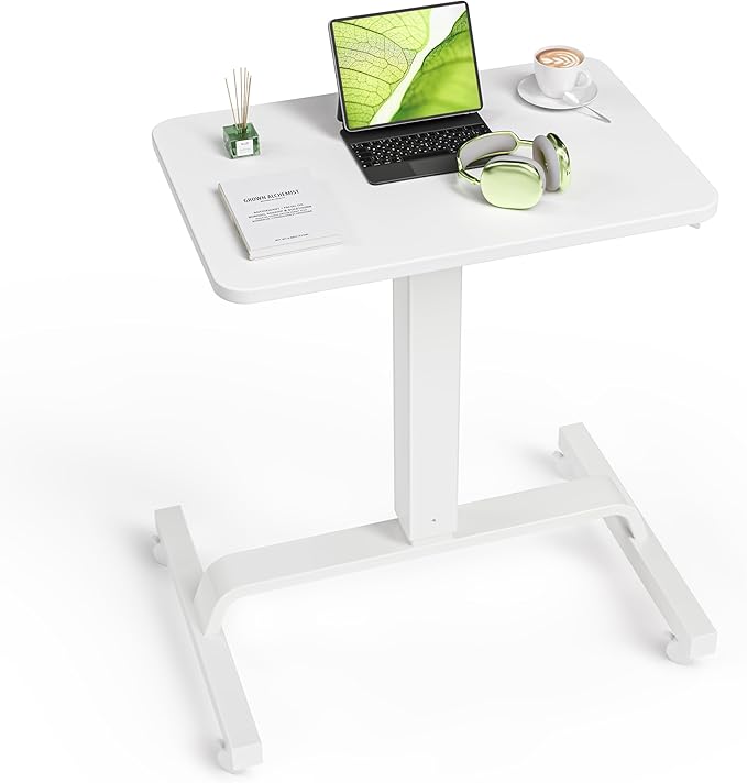 KINGSMITH Height Adjustable Mobile Standing Desk with 360° Swivel Casters 29-45 Pneumatic Rolling Desk on Wheels Perfect for Home Office Bedroom Living Room White