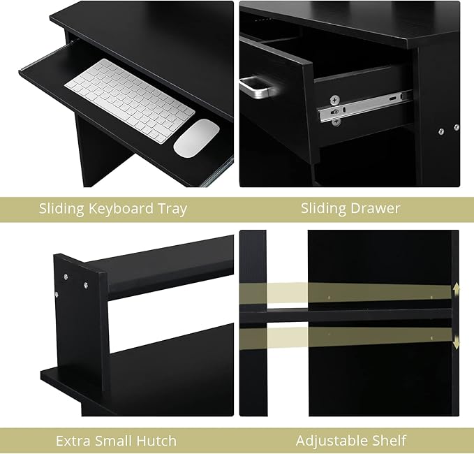 Zimtown MDF Computer Desk with Drawers Office Desk White Desk with Storage for PC Laptop Wood Home Office Desk with Keyboard Tray and Adjustable Shelf Black