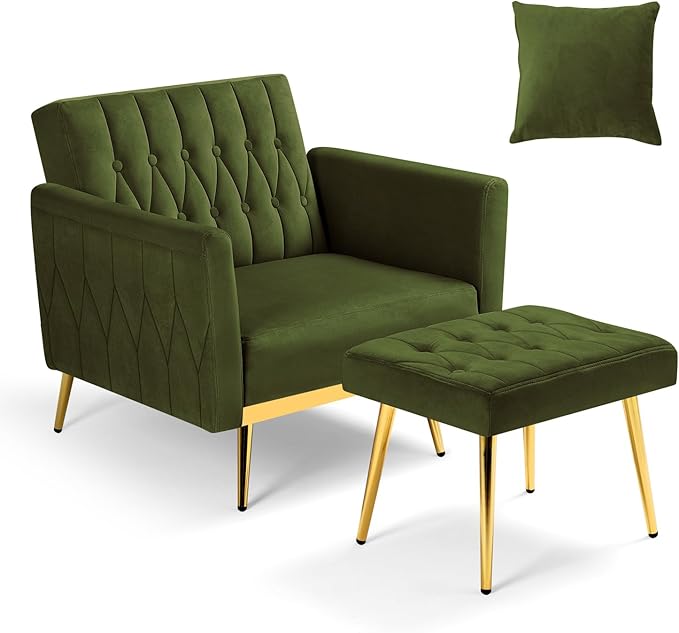 Velvet Accent Chair w/Adjustable Armrests and Backrest Button Tufted Lounge Chair Single Recliner Armchair with Ottoman and a Pillow for Living Room BedroomOlive Green