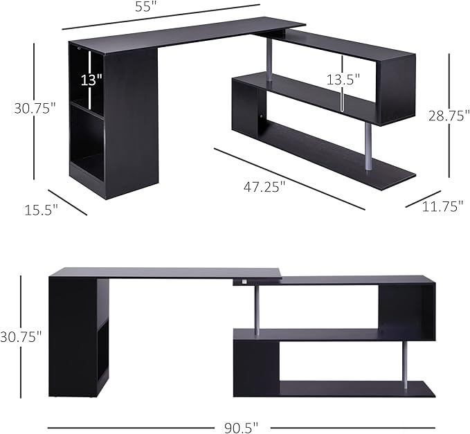 HOMCOM 55 360° Rotating Corner Computer Desk Modern L-Shaped Home Office Workstation with 3-Tier Storage Shelves Bookshelf Black