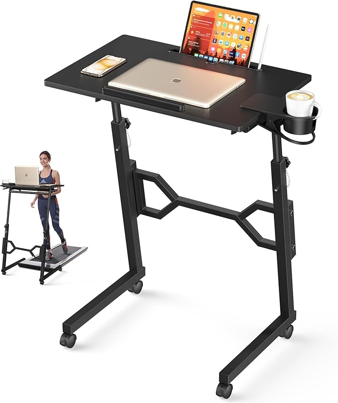 Small Standing Desk with Wheels Portable Treadmill Desk Rolling Desk Adjustable Height for Laptop Mobile Standing Table for Walking Pad Bedside Table
