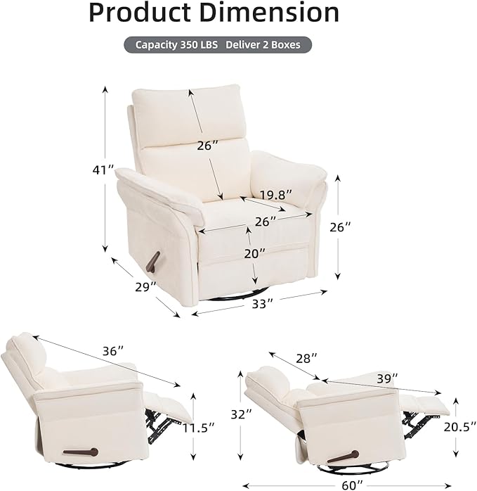 Oversized Recliner Chair 26 Extra Wide 360° Swivel Rocker Recliner with Adjustable Headrest Chenille Glider Rocking Nursery Chair with Overstuffed Armrest Lumbar Support White