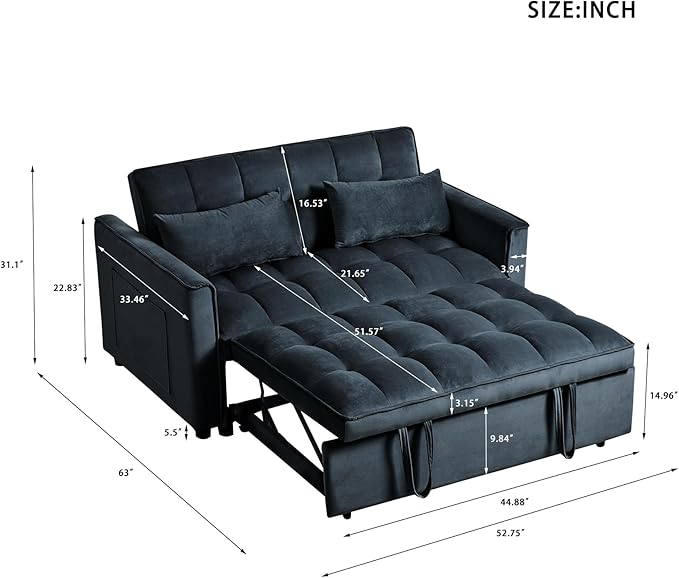 3 in 1 Pull Out Couch Bed Convertible Futon Sofa Bed Velvet Sleeper Loveseat for Small Living Room Adjustable Backrest Comfy Pillows Side Pocket (Black)