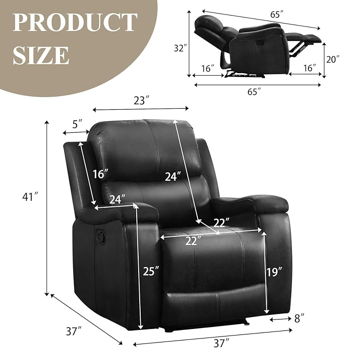 CANMOV Manual Recliner Chair Set of 2 Classic Faux Leather Recliner Chair with Overstuffed Arms and Back Manual Single Sofa with Concealed Cup Holders Black