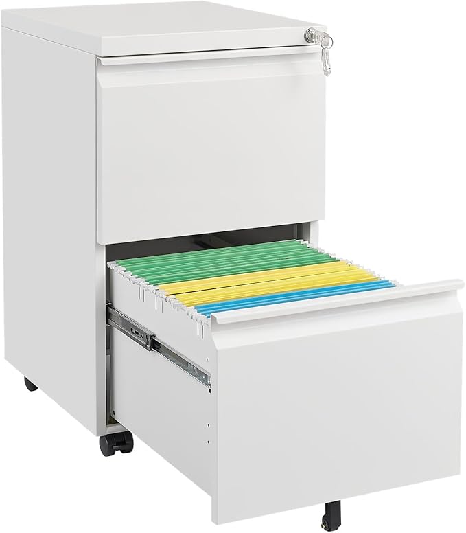 2 Drawer File Cabinet with LockMetal Under Desk Rolling Filing Cabinet fits Letter/Legal/A4 Size for Home OfficeMobile Filing CabinetOne-piece Molded Handles360°Swivel WheelsAnti-dumping (White)