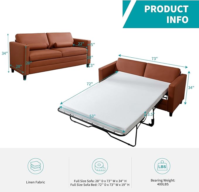 BALUS 73 Wide Full Size Pull Out Sofa Bed Convertible Sleeper with Memory Foam Mattress Modern Faux Leather Loveseat Couch for Apartment Living Room Includes 2 Bolster Pillows - Cognac