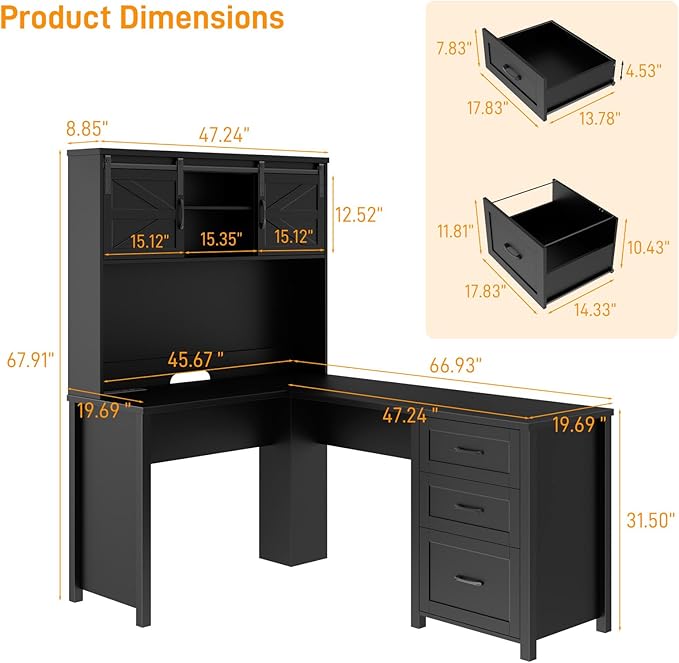 Vabches Farmhouse 68 H L Shaped Desk with HutchOffice Table with 3 Drawers and Sliding Doors Executive Desk with File Drawers and Charging Station Wood Workstation for Home Office and Study