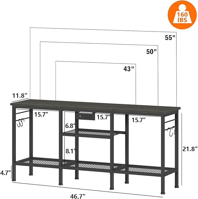 Furologee TV Stand with Power Outlets Entertainment Center with Open Storage Shelves for TVs up to 55 Inch Media Console Table with Soundbar Shelf for Living Room Bedroom Black Oak