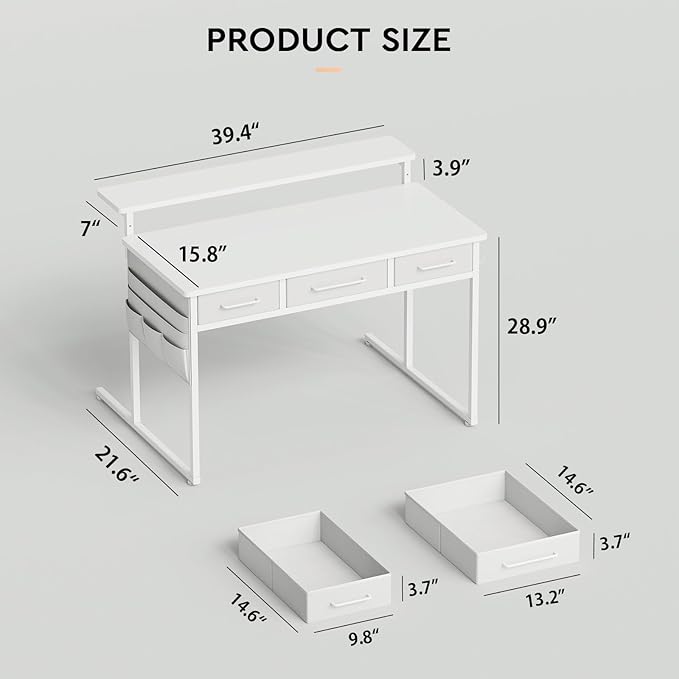 Small Desk with Drawers 39.4X15.8-22.9 Inches Office Computer Desk with Side Pocket &amp Ergonomic Monitor Stand Writing Table for Small Spaces Bedroom White