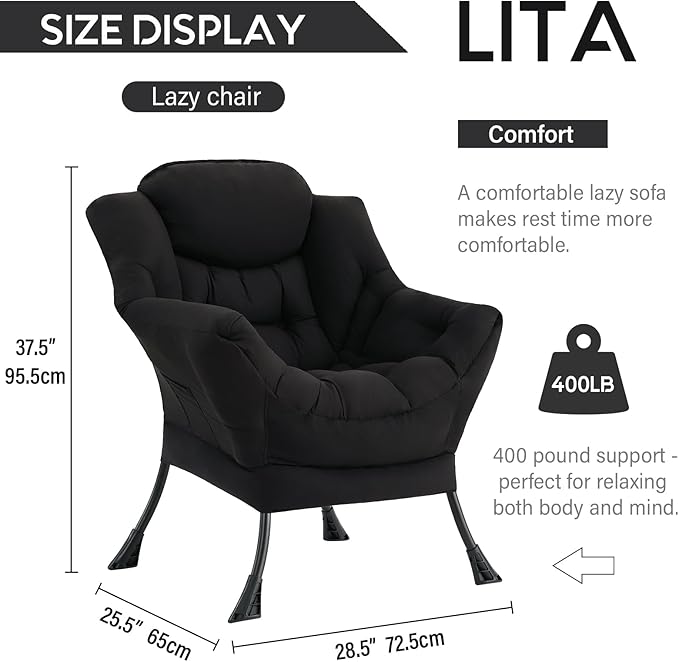 LITA Lazy Chair with Armrests and Side Pocket Modern Upholstered Accent Reading Chair for Living Room Bedroom Dorm Small Spaces Single Black