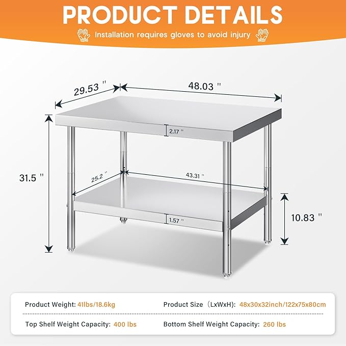 Jocisland 30 x 48 Stainless Steel Table for Prep &amp Work NSF Certified with Adjustable Under Shelf and Feet for Commercial Kitchen Restaurant Hotel Garage
