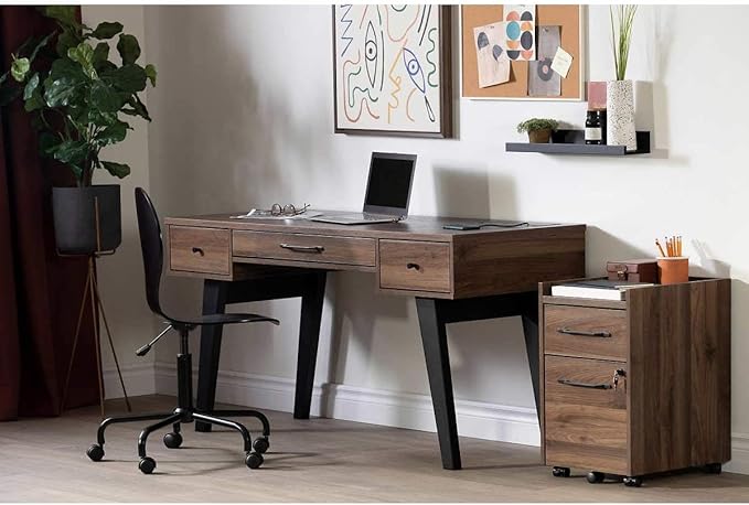 Pemberly Row Computer Desk with Power Bar Natural Walnut Finish Melamine Top Scratch and Water Resistant Scandinavian Style Home Office Desk with Deep Drawers and USB Outlets