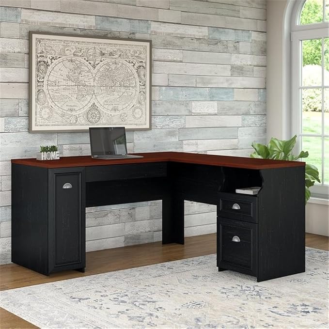 Bush Home Fairview 60W L Shaped Desk with Drawers and Storage Cabinet in Antique Black and Hansen Cherry