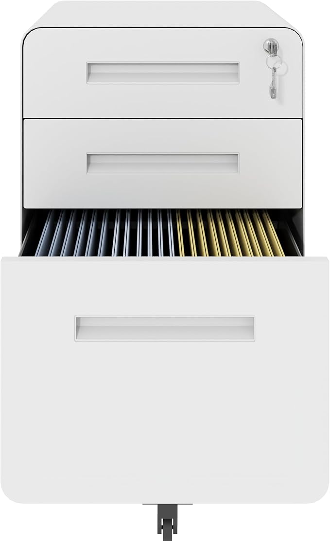 3 Drawer Wide Mobile Small File Cabinet with Lock Under All-Steel Metal Storage Cabinets on CastersDesk Storage Cabinet Organizer Filing Cabinets for Home Office Locking DrawersWhite