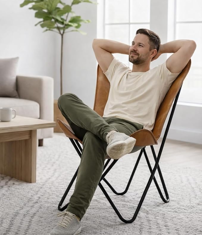 Shy Shy Let’s Touch The Sky Butterfly Chair - Tan Leather Living Room Chair with Black Metal Base (Iron Frame with Tan Cover)