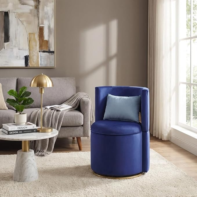 Vanity Chair with Storage Velvet Button Tufed Upholstered Vanity Chair with Gold Metal Swivel Base Hollow Back (Blue)
