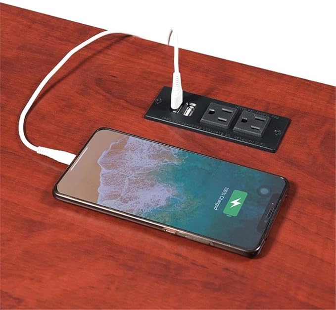 Pemberly Row Trestle Desk with Charging Station 47 in x 20 in x 29.25 in MDF and Particle Board Cherry Wood Finish 2 Shelves USB Ports and Outlets Modern Home Office Desk for Work or Study