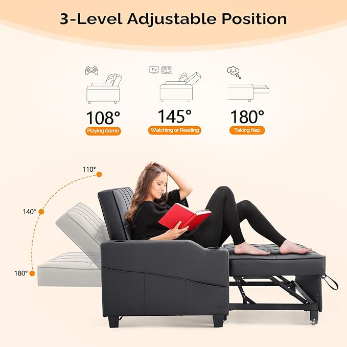 VINGLI Black Futon Sofa Bed Convertible Loveseat Sleeper Couch Faux Leather Pullout Sofa Fold Out Couch Bed with USB Ports Cup Holders Armrest for Living Room Bedroom Apartment Room