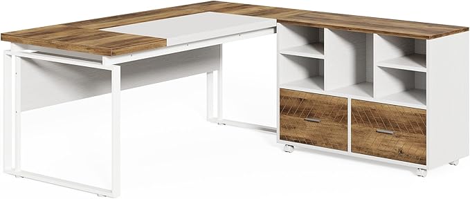 LITTLE TREE 63 L-Shaped Executive Office Desk with Reversible File Cabinet Large Modern Office Desk for Home Office 2-Drawer Wood File Cabinet for Hanging Letter Size Files(Oak Karo &amp White)