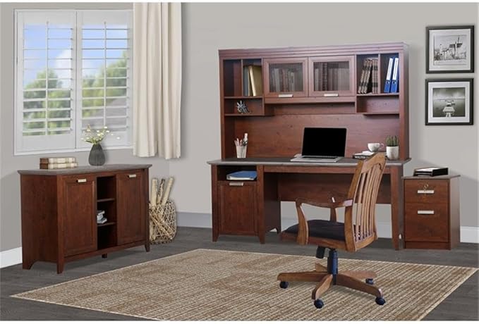Pemberly Row Contemporary Executive Desk 71 Wide Two-Tone Brown Finish Transitional Style with Cabinet and Shelf Cord Management for Home Office Workspace