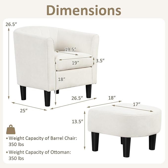 Giantex Modern Accent Chair with Ottoman Upholstered Teddy Velvet Barrel Club Chair w/Footrest Curved Backrest &amp Armrests Non-Slip Felt Pads Comfy Accent Arm Chair for Living Room Bedroom Be