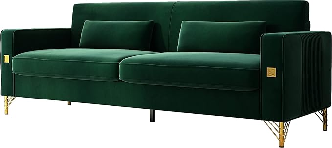 85.63 Velvet SofaModern Loveseat Couch with Pillows Set of 2 for Living RoomBedroomApartment Furniture with Gold Metal Legs (Green)