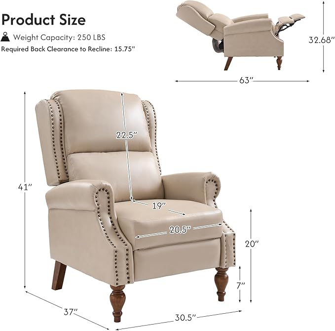 Pushback Recliner Chair Mid Century Modern Upholstered Faux Leather Recliner Single Sofa Accent Chair with Wood Legs and Rivet Decoration for Living Room Bedroom Beige