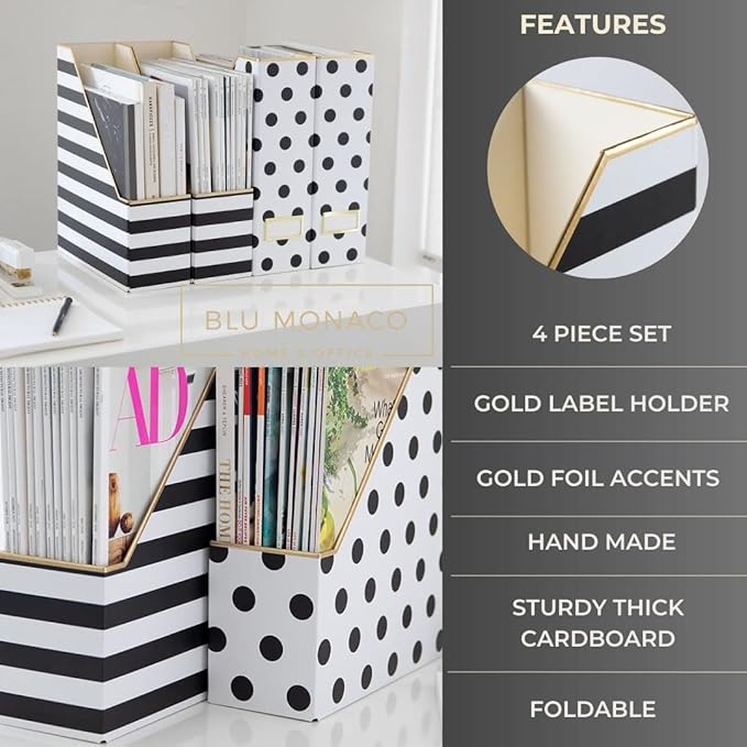 BLU MONACO | Cardboard Magazine File Holder Set of 4 | Vertical Magazine File Holder for Desk and Shelves | Standing File Holder for Classroom School Paper Storage
