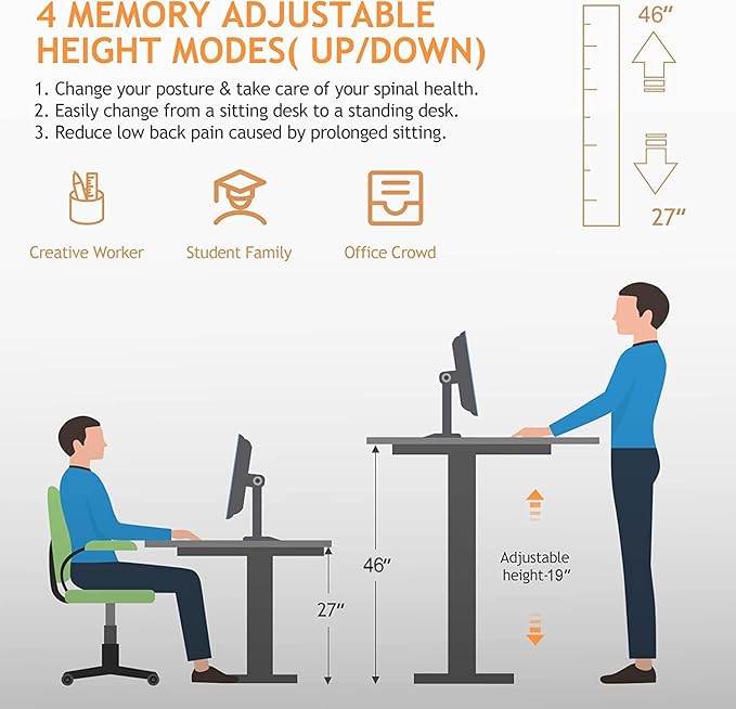 Electric Standing Adjustable Height Desk 48'' x 24''Sit Stand Desk with Charging Station 2 USB Ports 3 Power Outlets 27''-46'' Lifting Range Computer Workstations(Oak)