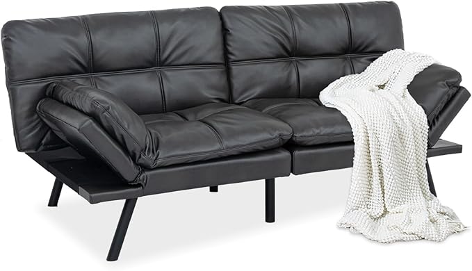 MUUEGM 71 Futon Sofa Bed with Memory FoamFuton Couch with Adjust Backrest and Armrest Couches Bed for Living RoomStudios Apartments Dormitories Offices and Game Room.Matt Black Leather Sofa Bed
