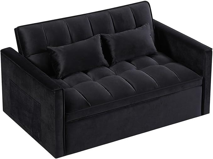 54 Convertible Sofa Bed Velvet Sleeper Sofa with Pull-Out Bed 3-in-1 Futon Couch with Reclining Backrest and Side Pocket Modern Loveseat for Living Room (Black)