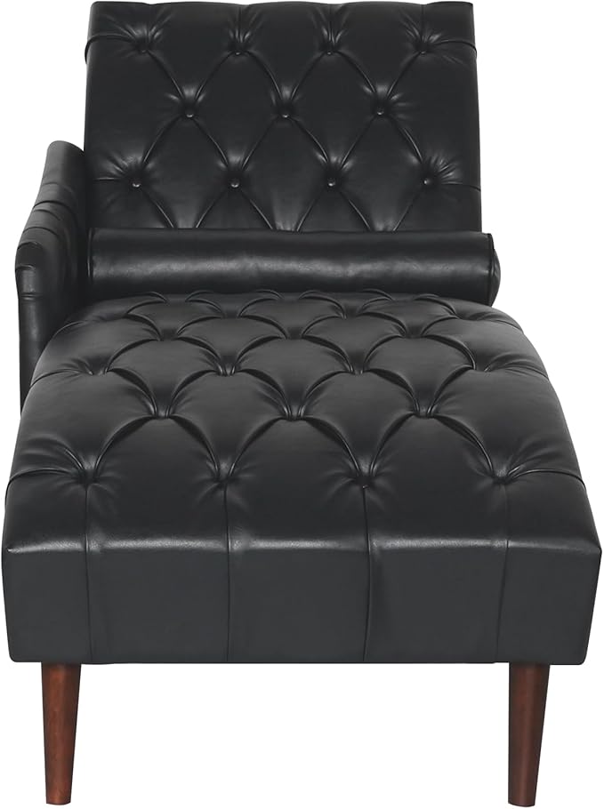 Luxury Indoor Recliner Chair with Pillow &amp Wooden Legs - Tufted Back &amp Arms PU Leather Lounge Chair for Living Room/Bedroom (Black)