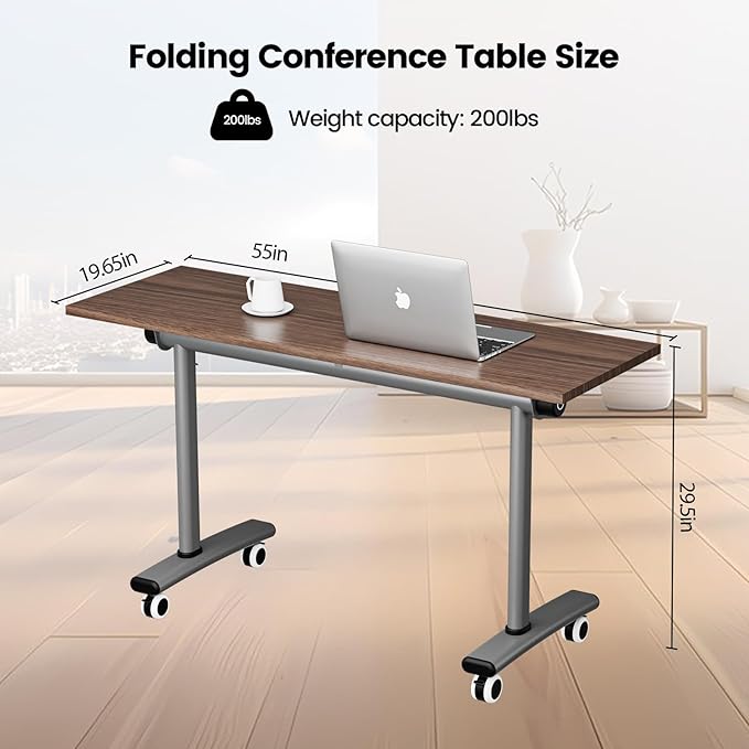 Space-Saving Folding Desk with Wheels 55 Mobile Office Table | Heavy-Duty Flip-Top Design for Home Office Gaming &amp Study | Perfect for Small Apartments Studios &amp Dorm Rooms