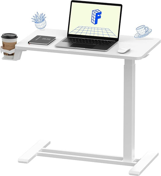 FLEXISPOT H7 Adjustable Overbed Bedside Table with Wheels Pneumatic Mobile Standing Desk Laptop Desk Rolling Computer Cart Movable Overbed Table Hospital Home Use(27.6 W x 15.7 D White)