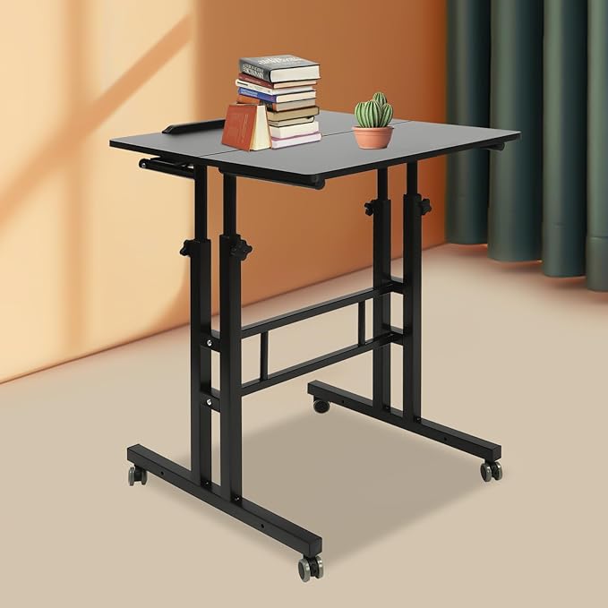 Mobile Standing Desk Adjustable Workstation with Wheels Portable Laptop Cart for Standing or Sitting (Black)