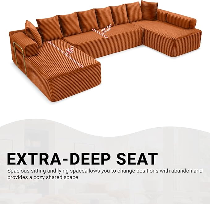 145 Oversized Cloud Boneless Sectional Sofa with Chaise Corduroy U Shaped Modular Couch with Deep Seat Fixed Frame Comfy Corner Sofa No Assembly Required (Orange)