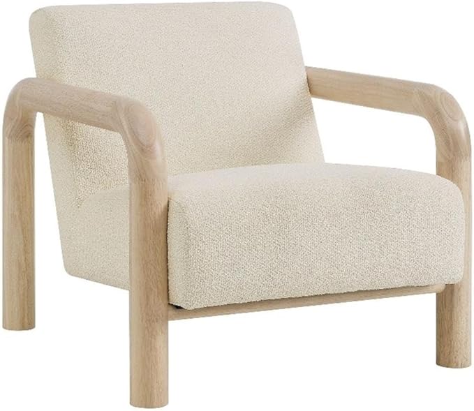 Modway Sereno Modern Boucle Fabric Accent Chair in Cream Oak with Rounded Wood Armrests – Upholstered Lounge Chair for Living Room or Bedroom