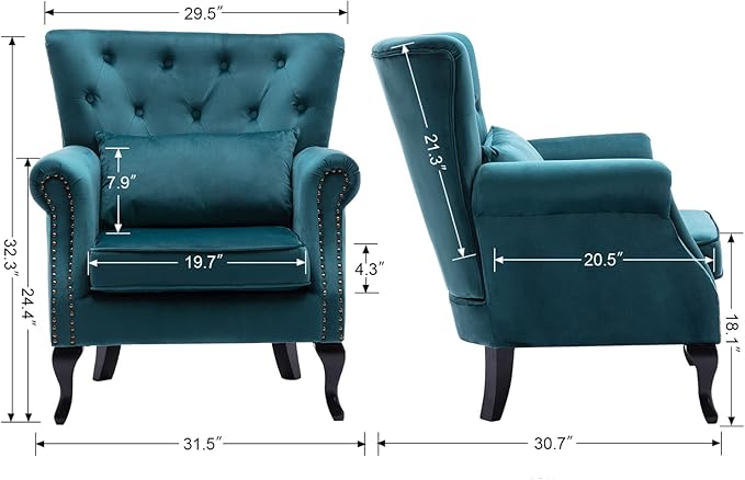 chairus Mid-Century Modern Accent Chair Comfy Tufted Single Sofa Chair Wingback Armchair with Pillow for Club Living Room Bedroom - Velvet Teal