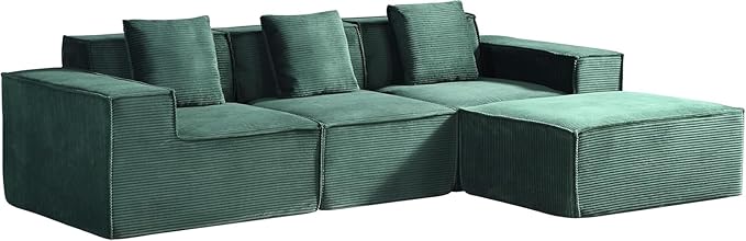 Harper Convertible Corduroy Sectional Couch with Ottoman &amp Pillows Modular L Shaped Sleeper Sofa Boneless Cloud Couch for Living Room Furniture Dark Green