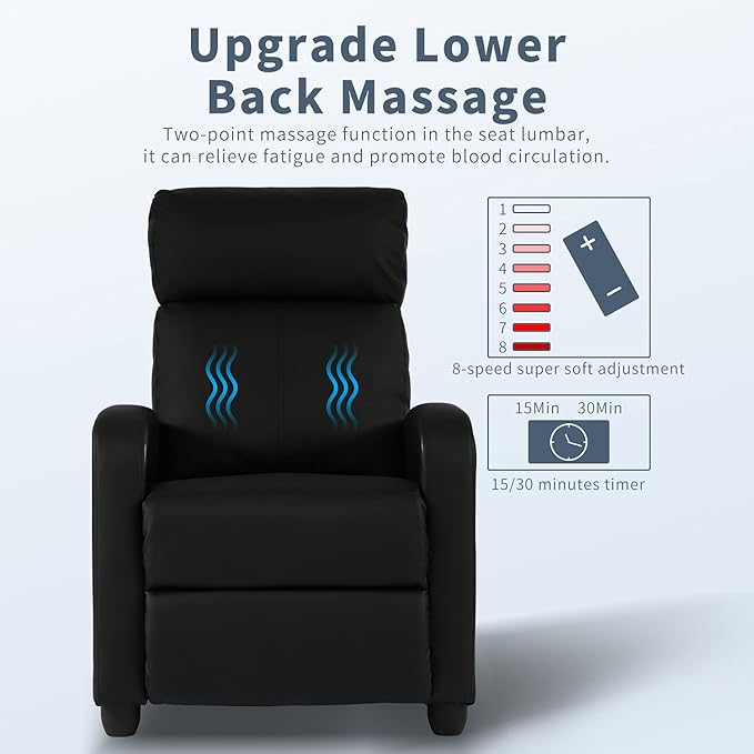 HCY Massage Recliner Chair Padded Wide Seat Sofa Wingback Single Sofa with Footrest PU Leather for Living RoomHome Theater(Black)