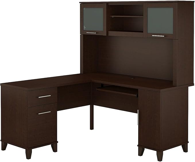 Bush Home Somerset 60W L Shaped Desk with Hutch in Mocha Cherry
