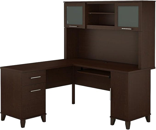 Bush Home Somerset 60W L Shaped Desk with Hutch in Mocha Cherry
