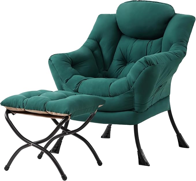 Tiita Lazy Chair with Ottoman Green Modern Large Accent Chair Comfy Leisure Sofa Armchair with Ottoman Reading Chair with Footrest for Bedroom Living Room Dorm Rooms Green