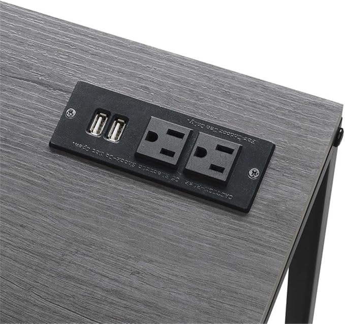 Pemberly Row Office Workstation Desk with Charging Station and Shelves Gray Wood Finish 44 in x 17.5 in x 46.75 in Black Metal Frame Home Office Desk with USB Ports and Storage Shelves