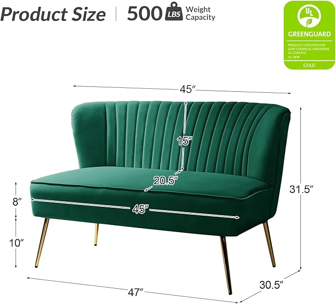 HULALA HOME Velvet Loveseat Sofa with Gold Legs Mid-Century Modern Upholstered Love seat Couch Tufted Small 2-Seat Sofa Armless for Living Room Bedroom Apartment Small Spaces Green