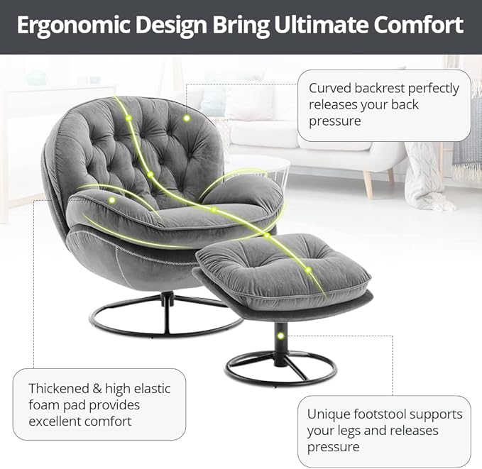 Velvet Swivel Accent Chair with Ottoman Set Modern Lounge Chair with Metal Base Frame &amp Footrest Comfortable Single Leisure Sofa Chair Reading Chair with 360 Degree Swiveling for Living Room Gr