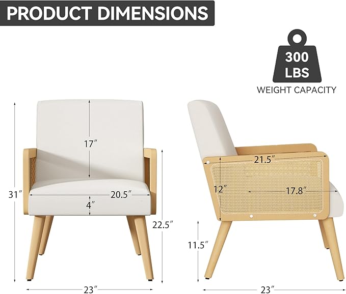 Accent Chair with Rattan Arms Set of 2 Dining Chair with Wood Legs Modern Armchair for BedroomLiving Room and Kitchen Lounge Chair Reading Chair Beige